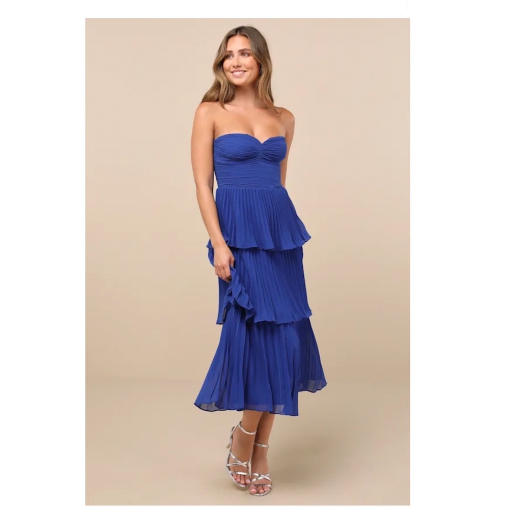 Lulus Seriously Sensational Cobalt Blue Strapless Tiered Midi Dress Size XS New!